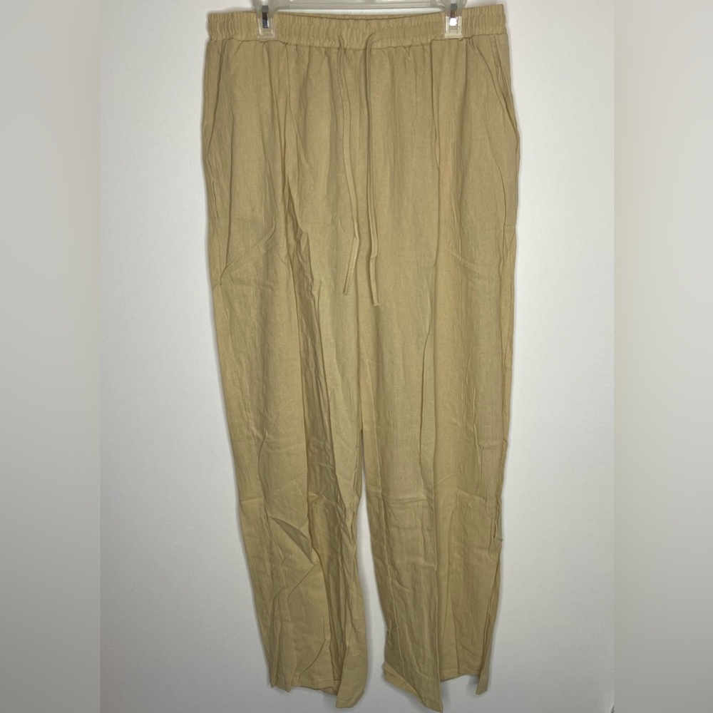 Women’s Tan Pants Size L Straight Leg Elastic Waist Pockets Tie at Waist NWOT